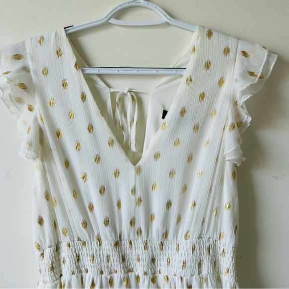 Lulus Cause to Celebrate White & Gold Dot Ruffled Tiered Midi Dress SizeM Magic - Picture 5 of 12